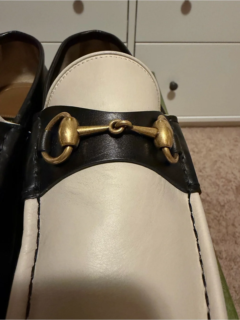 Gucci Two-Tone White & Black Leather Horsebit Loafers